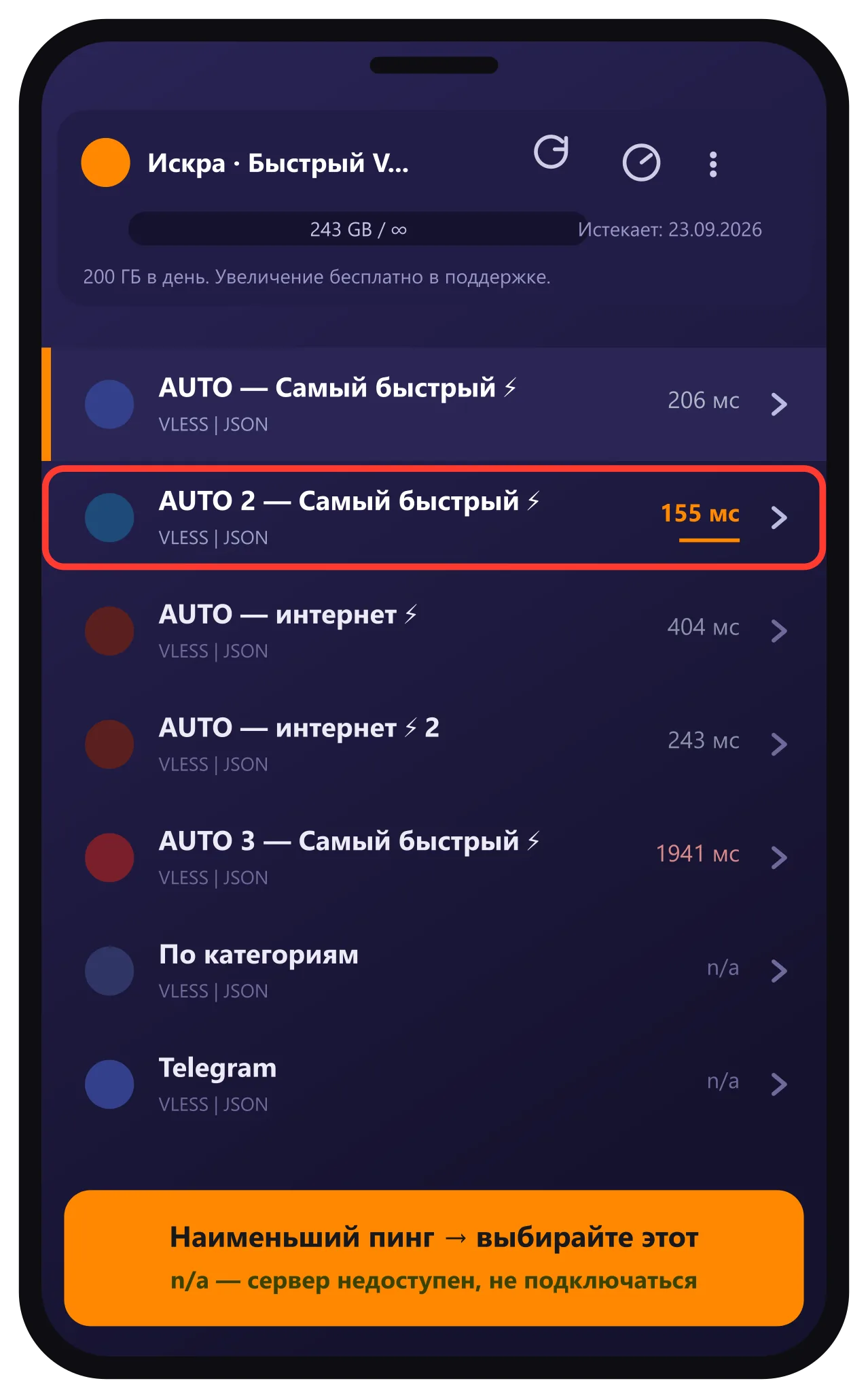 Список серверов с пингом — выбор наименьшего