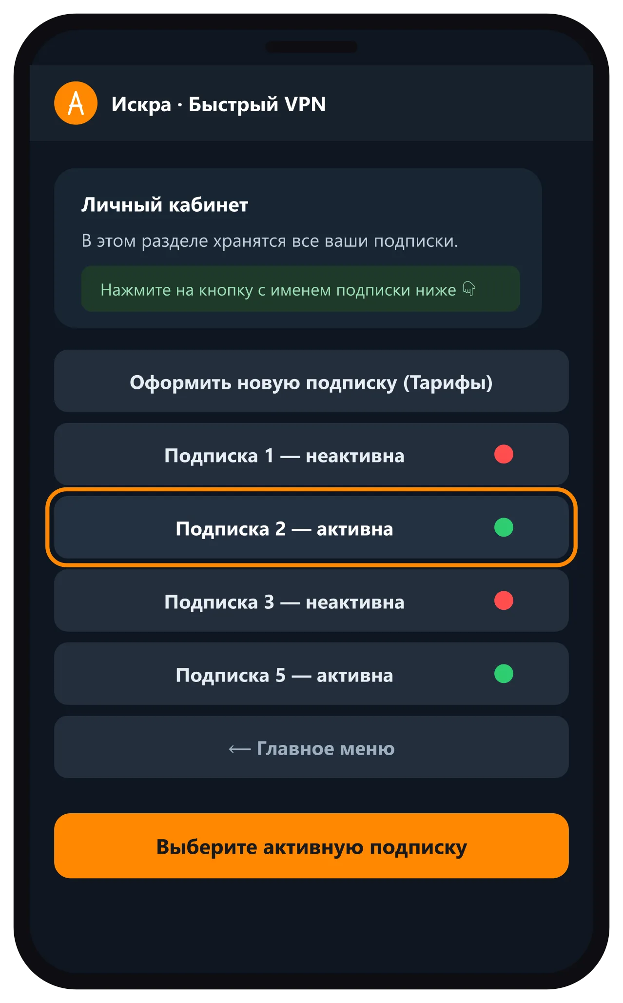 Список подписок в личном кабинете